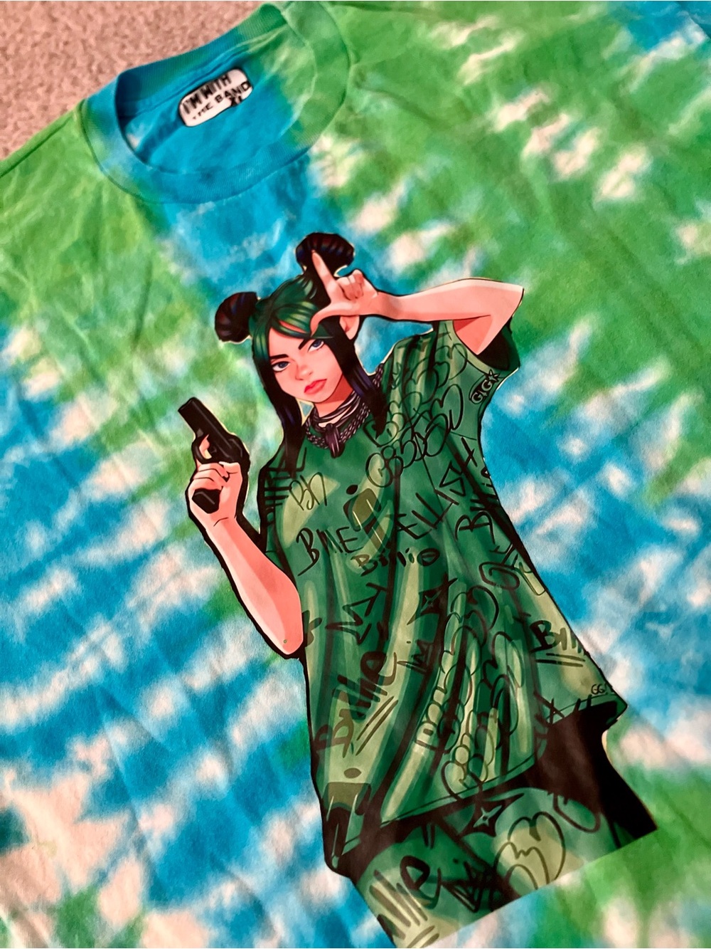 Tye Dye Loser With Gun Billie Eilish Green Blue Spin Tee Size XL